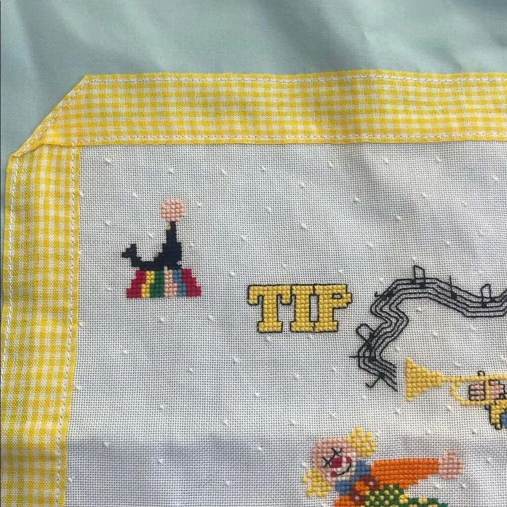 Vintage handmade nursery baby kids clown circus cross stitched pillowcase